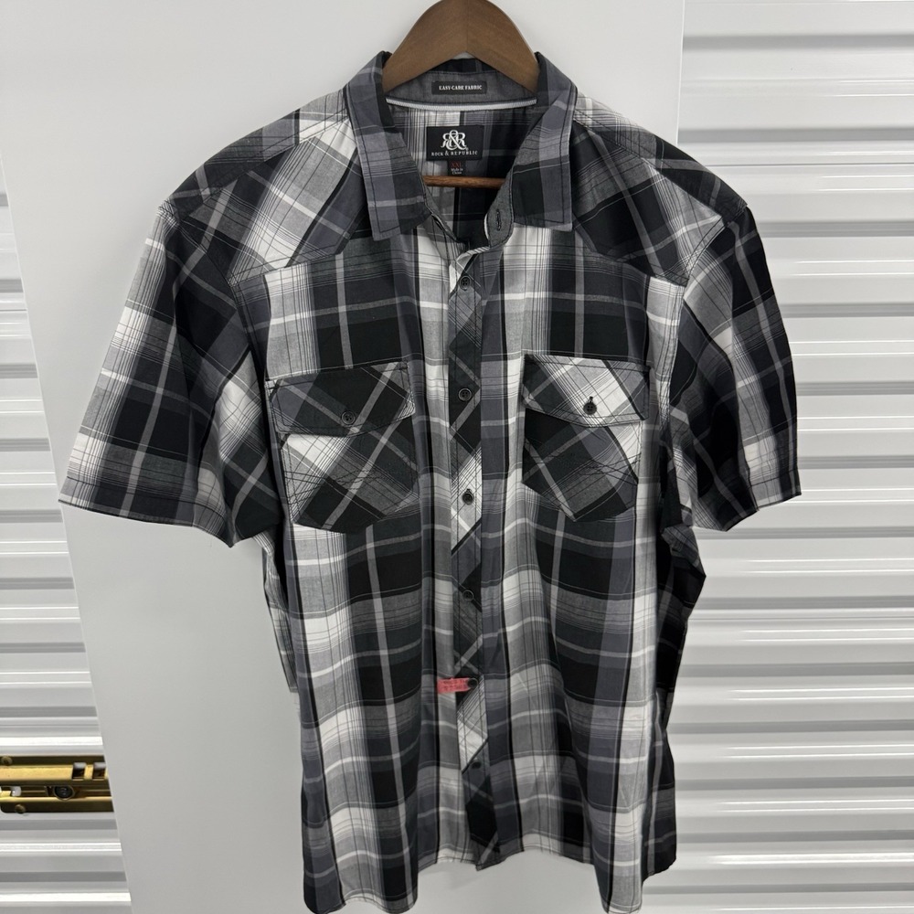 Rock & Republic Men's XXL Black Gray Plaid Short Sleeve Western Shirt 2XL